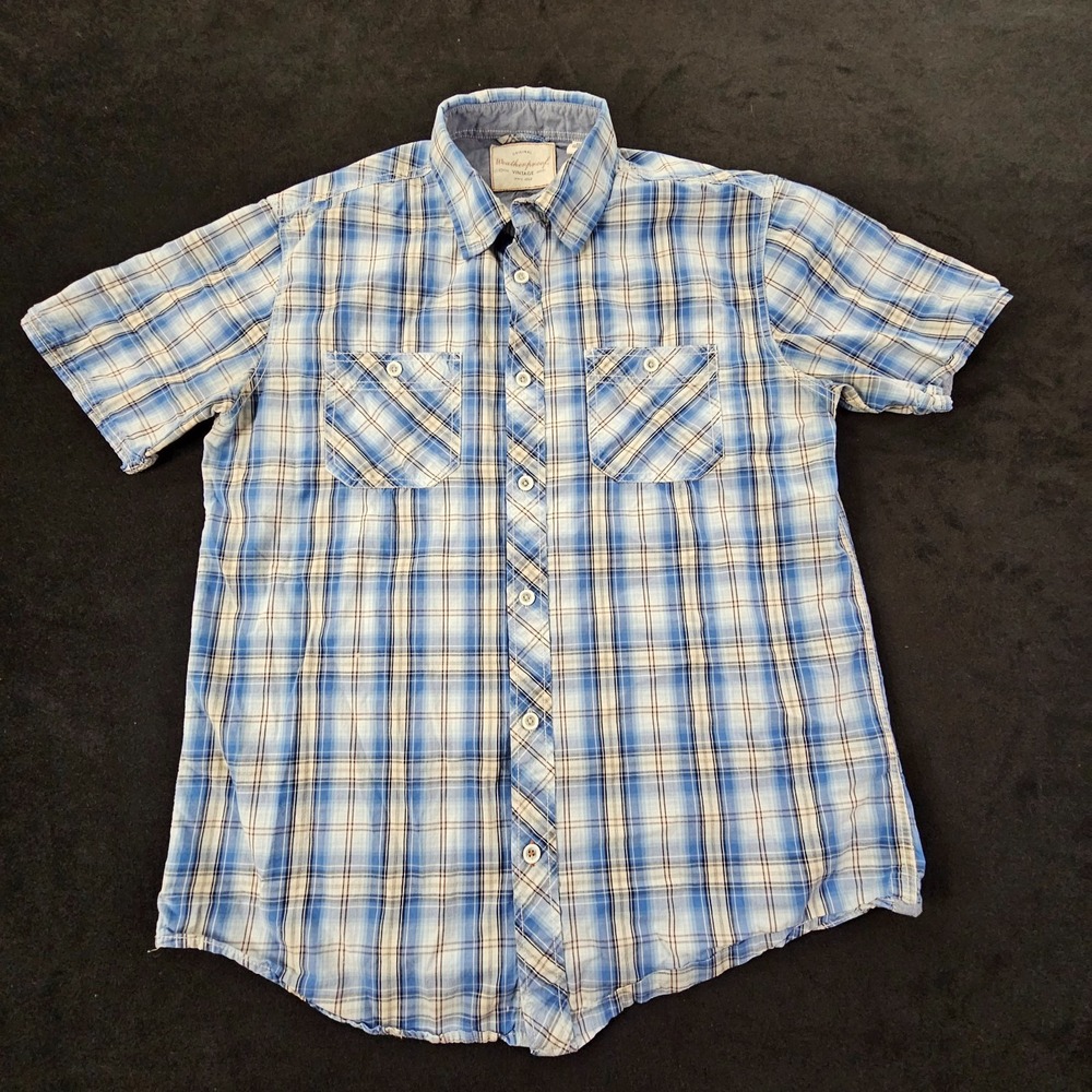 Weatherproof Vintage Blue Plaid Short Sleeve Button-Up‎ Cotton Shirt Men's M